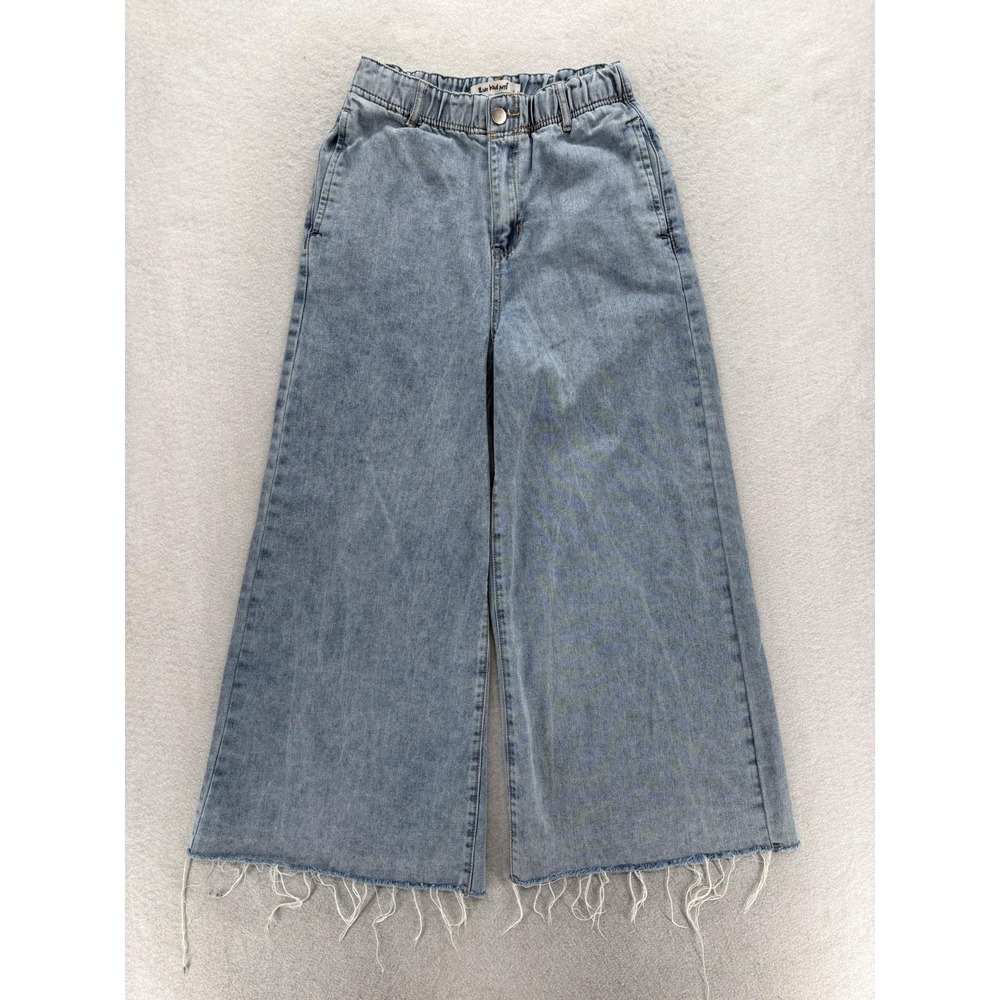 Three Bird Nest Wide Leg Jeans Womens S Blue Light Wash High Rise Fringe Raw Hem